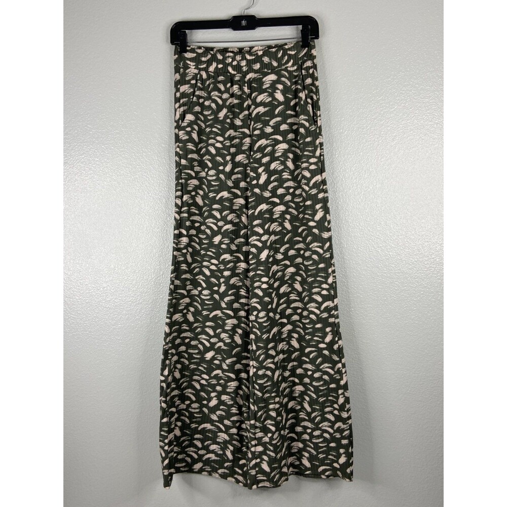 Entro Women Small Wide Leg Pants Olive Green Stretch Paint Stroke Casual Flow